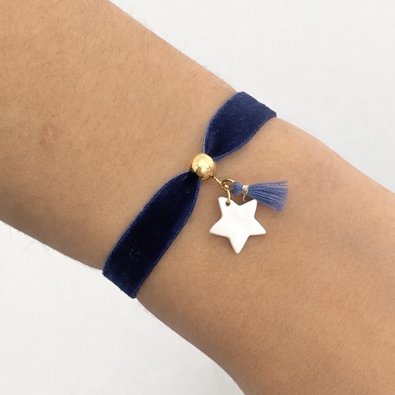 Pulsera Terciopelo Azul + Estrella + Fleco 