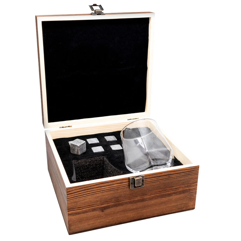 Set de Whiskey con Copas y Piedras - Caja de Madera Premium