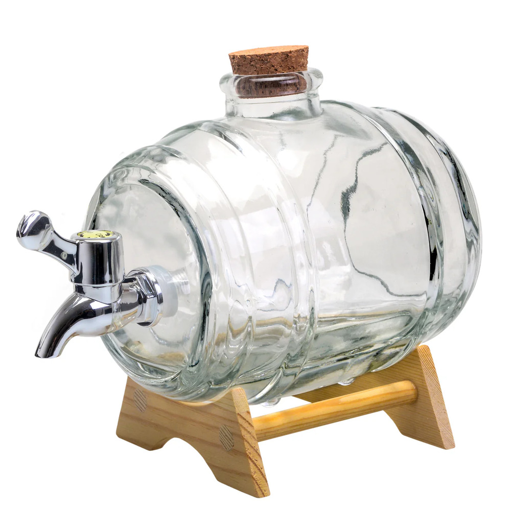Barril Dispensador de Licor de Cristal 1 Litro con Base de Madera